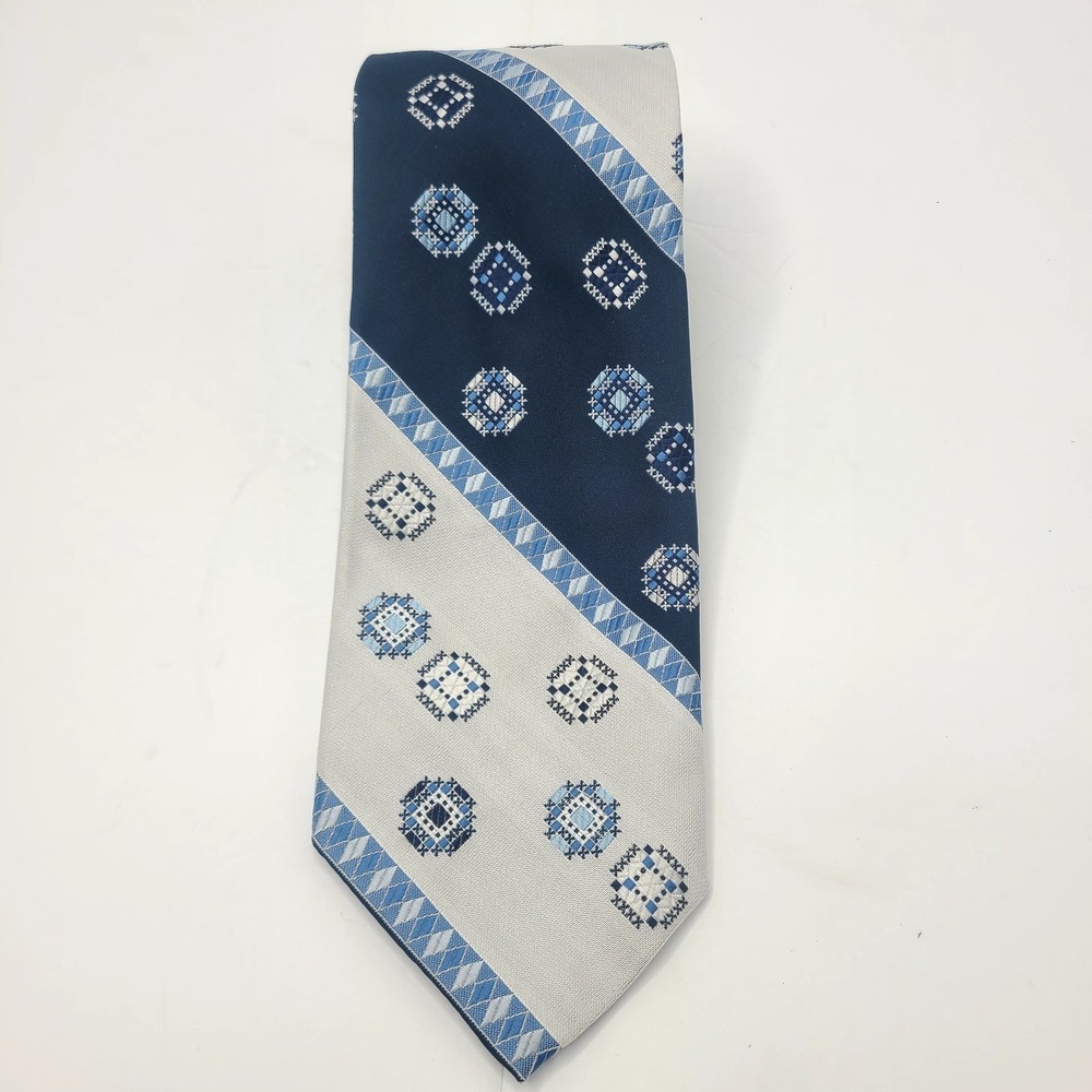 Vtg Givenchy Gentlemen Paris Necktie Blue White Geometric Folksy Nordic Pattern
